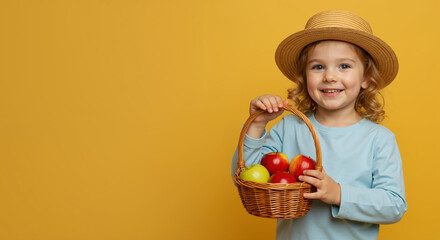 Happy girl wearing straw hat holding wicker basket with fresh apples against yellow background. Smiling child in mint shirt. Harvest and healthy eating concept