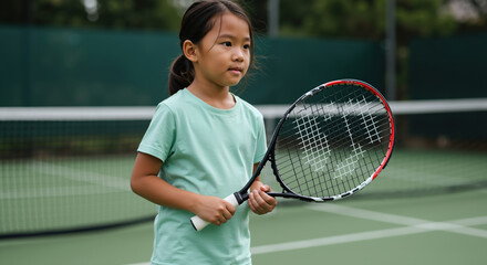 Asian girl holding tennis racket on green court wearing mint shirt. Young child learning tennis sport outdoors. Athletic training and youth development concept