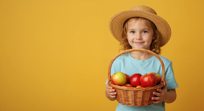 Smiling girl wearing straw hat holding wicker basket filled with red apples against yellow background. Child in light blue shirt. Harvest and nutrition concept