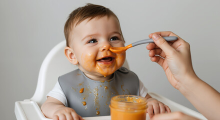 Happy baby eating orange puree from spoon in high chair. Smiling infant with messy face during feeding time. Baby food and nutrition concept