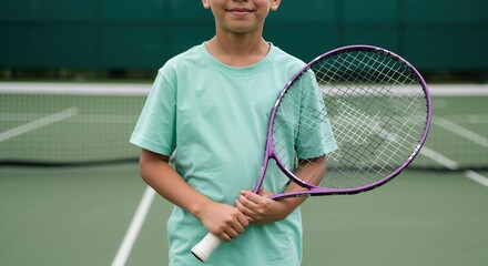 Girl in mint green shirt holding purple tennis racket on court. Child with sports equipment ready for training. Youth tennis and active lifestyle concept