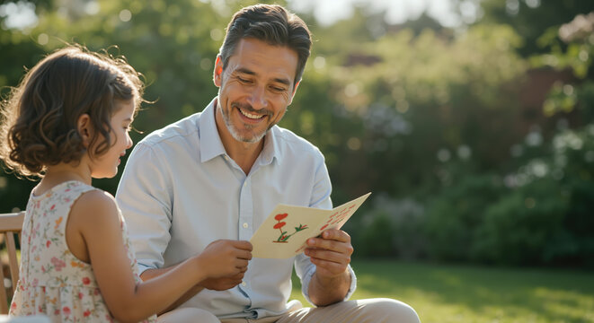 Smiling father reading greeting card with daughter in garden outdoors. Man in white shirt receiving handmade gift from child. Fathers Day celebration and family bonding concept