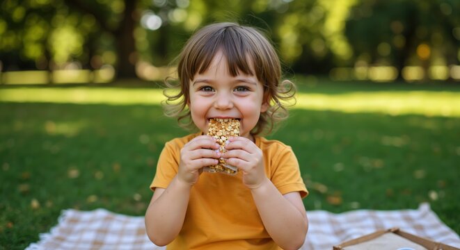Happy child eating granola bar in yellow shirt during outdoor picnic. Toddler with curly hair enjoying healthy snack on checkered blanket in park. Nutrition and recreation concept