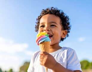 Fototapeta premium Joyful Toddler Eating Rainbow Ice Cream on a Sunny Beach Day, July, Black Child