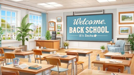 Bright classroom interior with welcome back to school message