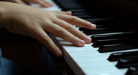 Obraz premium Hands playing piano keys in close up view. Fingers pressing black and white keys on keyboard. Music performance and piano playing concept
