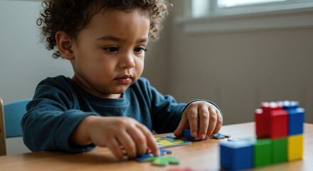 Toddler with curly hair working on colorful puzzle at wooden table with building blocks nearby. Child focused on educational activity developing problem solving skills
