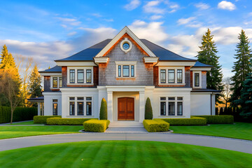 Elegant home with lovely gardens during a sunny day.