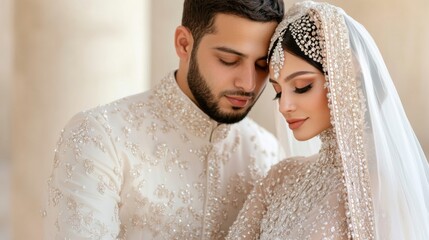 Portrait of a Middle Eastern couple on their wedding day, the bride in an ornate long-sleeved gown, the groom in traditional thobe and bisht, glowing in soft golden light against a refined minimalisti