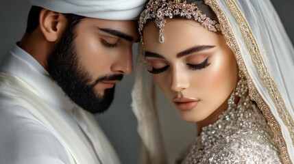 Stylized image of a Middle Eastern wedding couple: the bride’s gown is richly embroidered with classic detailing, the groom’s thobe and bisht evoke tradition, all softly illuminated by elegant golden 