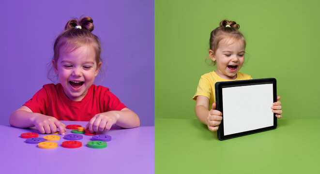 Happy girl playing with colorful counting tokens on purple background and child holding tablet on green background. Educational toys and digital learning concept - Powered by Adobe