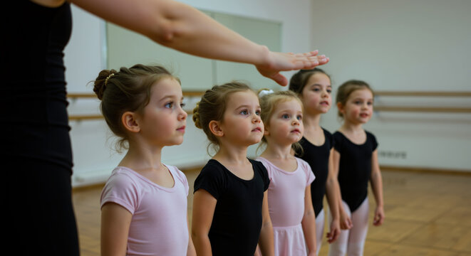 Young ballet dancers in leotards standing in line during dance class. Children learning ballet positions with instructor guidance. Dance education and training concept - Powered by Adobe