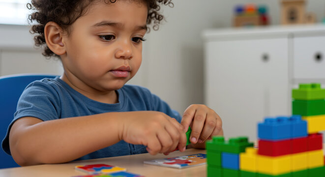 African American toddler with curly hair playing with colorful building blocks on wooden table. Child focused on educational toy activity developing motor skills