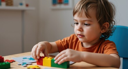 Toddler with curly hair playing with colorful building blocks at blue table. Child focused on educational toy activity developing fine motor skills in bright room