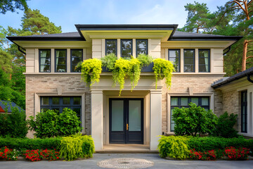 A stunning home with a balcony and lovely landscaping on a bright day.