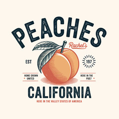 A rustic peaches emblem showcases vintage typography with a fresh fruit design, symbolizing California's home grown harvest and offering a classic touch for product labels and branding projects.
