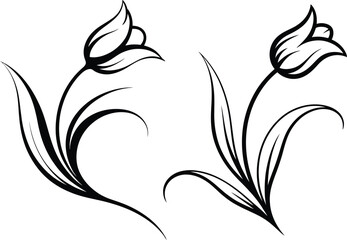 Obraz premium Elegant black and white line art of two stylized tulips with flowing leaves