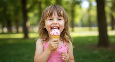 Happy girl eating pink ice cream cone in green park outdoors. Smiling child with blonde hair enjoying frozen treat in summer. Childhood joy and dessert concept