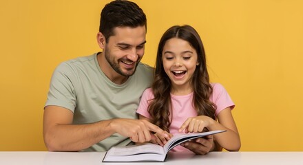 Smiling father and daughter reading book together against yellow background. Man in sage shirt with brunette child looking at pages. Family literacy and learning concept