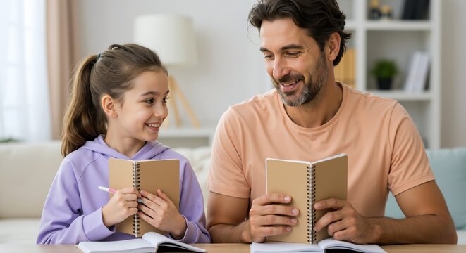 Father and daughter studying together at home with notebooks. Man in peach shirt helping child with purple hoodie. Family education and homework support concept
