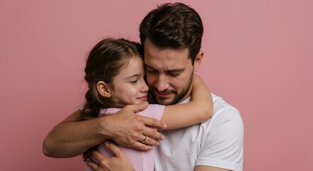 Emotional father embracing daughter against pink background. Tender moment between bearded man and child showing love and connection. Fatherhood and family bonding concept