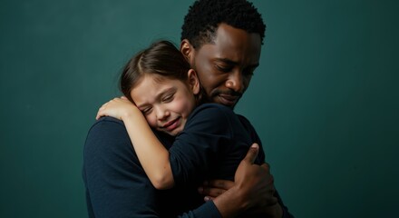 African American father embracing blonde daughter in emotional moment against teal background. Tender connection between man and child. Fatherhood and family bonding concept