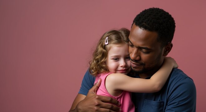 African American father embracing blonde daughter against pink background. Tender moment between man and child showing love and connection. Fatherhood and family bonding concept - Powered by Adobe