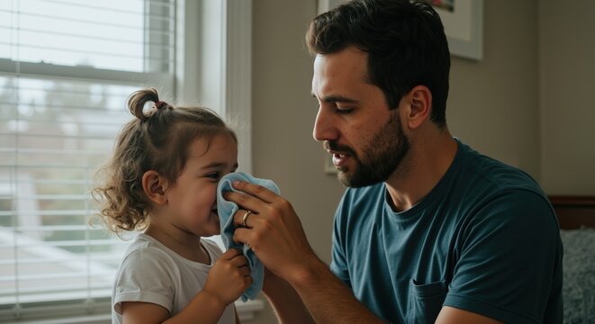 Father helping daughter blow nose with tissue at home. Caring man in teal shirt assisting sick child. Parental care and healthcare concept