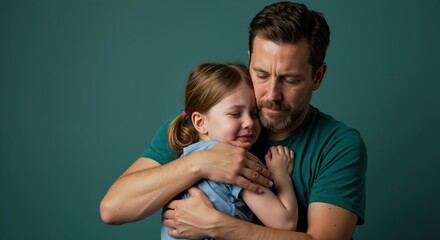 Father embracing crying daughter in emotional moment against teal background. Tender connection between man and upset child. Fatherhood and family bonding concept