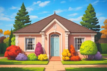 An elegant pink home with lovely garden design on a bright day.