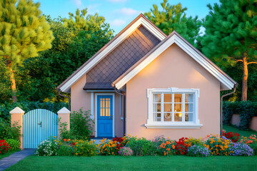 An elegant pink home with lovely garden design on a bright day.