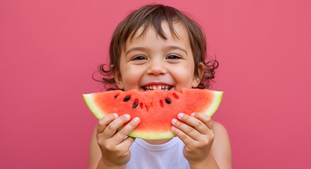 Happy toddler holding watermelon slice against pink background. Smiling child with curly hair enjoying fresh summer fruit. Childhood joy and healthy eating concept