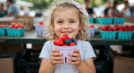 Fototapeta premium Smiling girl with curly hair holding container with strawberries and blueberries at farmers market. Happy child enjoying fresh berries outdoors. Healthy eating and nutrition concept