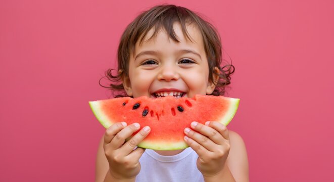 Happy toddler holding watermelon slice against pink background. Smiling child with curly hair enjoying fresh summer fruit. Childhood joy and healthy eating concept