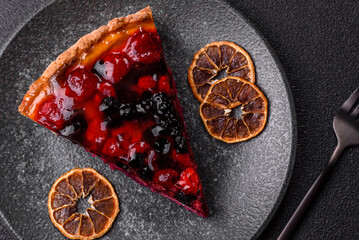 Pie, cheesecake with mascarpone, raspberries and blackberries. Cheesecake with cheese