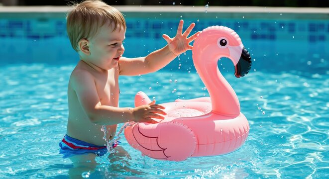 Toddler playing with pink flamingo float in swimming pool. Child enjoying water activities with inflatable toy. Summer fun and pool recreation concept