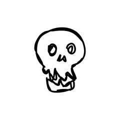  Cartoon skull head in rough childlike black doodle style, Halloween illustration for spooky design kits, scary decor, or playful warning signs, isolated on transparent background