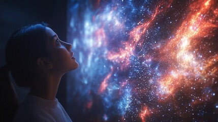 Teenage Girl Gazing at Cosmic Projection, Dreamy Expression
