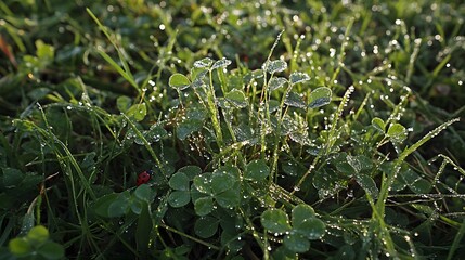 Dewdrops on Clover Leaves in Morning Sunlight