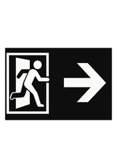 Emergency Exit Icon with Running Person and Right Arrow Direction on Black Background Indicating Evacuation Route and Safety Signage Concept