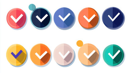 A flat-style icon vector set featuring a collection of tick marks and approval symbols. Includes various checkmarks and confirmation icons ideal for UI/UX, apps, forms, and approval indicators.
