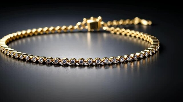 Elegant gold bracelet with diamonds on dark background, close-up jewelry fashion accessory. Luxurious golden bracelet with gems.