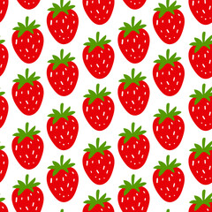 Pattern with juicy red strawberries and hearts on a white background. Cartoon hand-drawn style, romantic. Packaging, baby products, fabric, wrapping paper, Valentine's Day and summer themes. Vector
