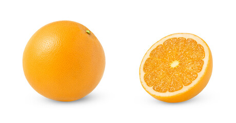Whole orange fruit and cut in a half isolated. Half of citrus fruit isolated.