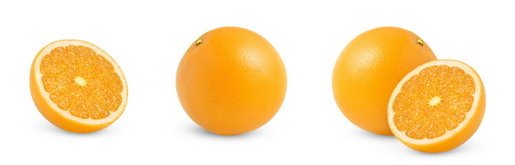 Set of ripe orange fruits isolated. Whole orange fruit and cut in half cut out. Citrus fruit...