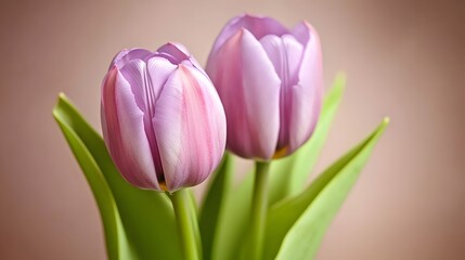 Fototapeta premium Closeup of Two Delicate Lavender Tulips Spring Flowers
