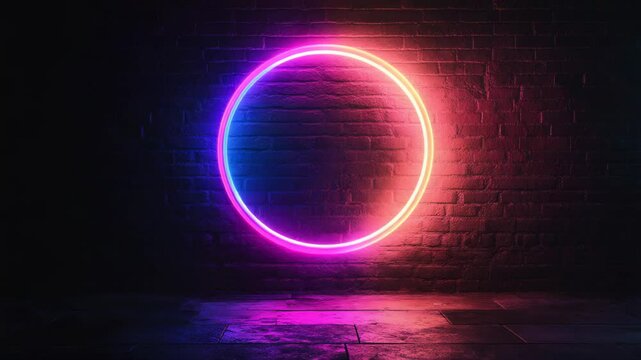 Neon circle glows magenta and blue on a dark brick wall with a tiled floor
