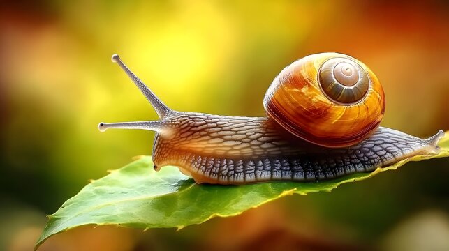 Closeup Snail on Green Leaf Macro Photography