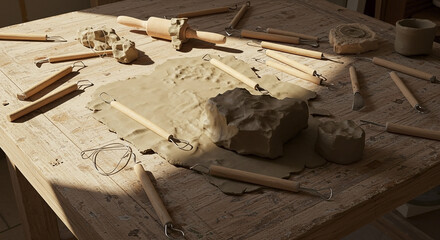 Clay Sculpting Tools on Wooden Table in Sunlight