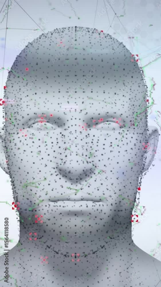 Poster animation of network of connections binary coding over human head on light background